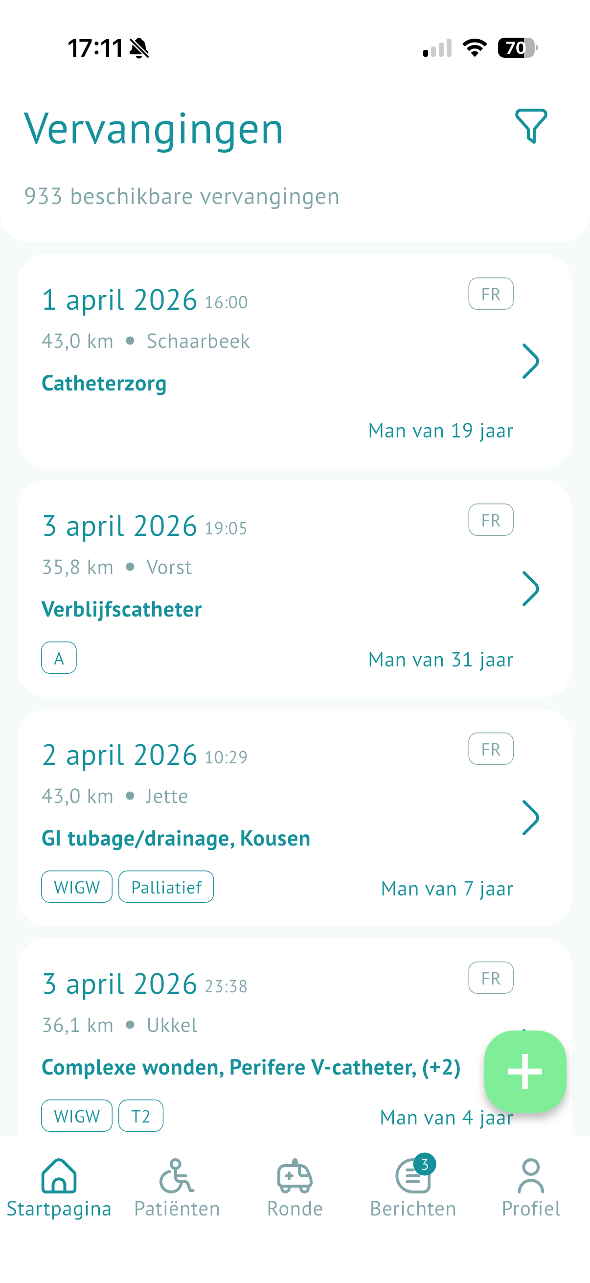 Voorbeeld van de NURSY-app op iPhone — planning verpleegkundige thuiszorg België